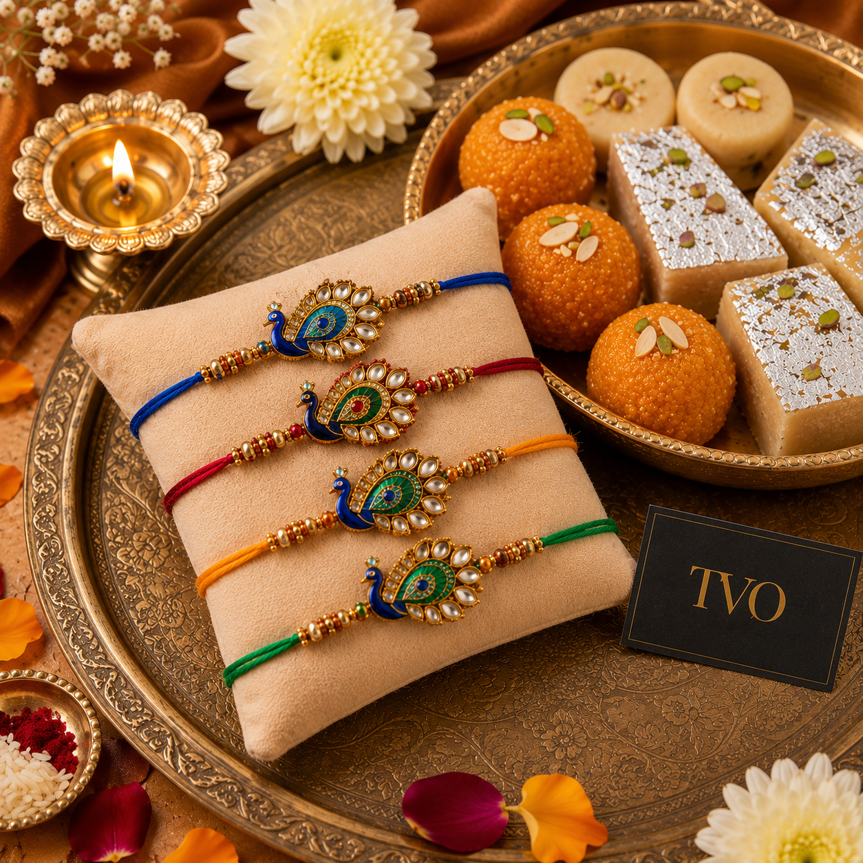 Colourful Peacock Rakhis With Delightful Treats