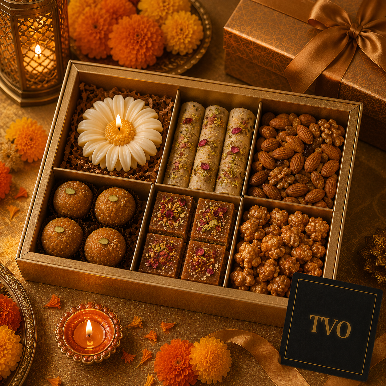 Elegant Diwali Hamper with Daisy Candle & Festive Treats premium gift