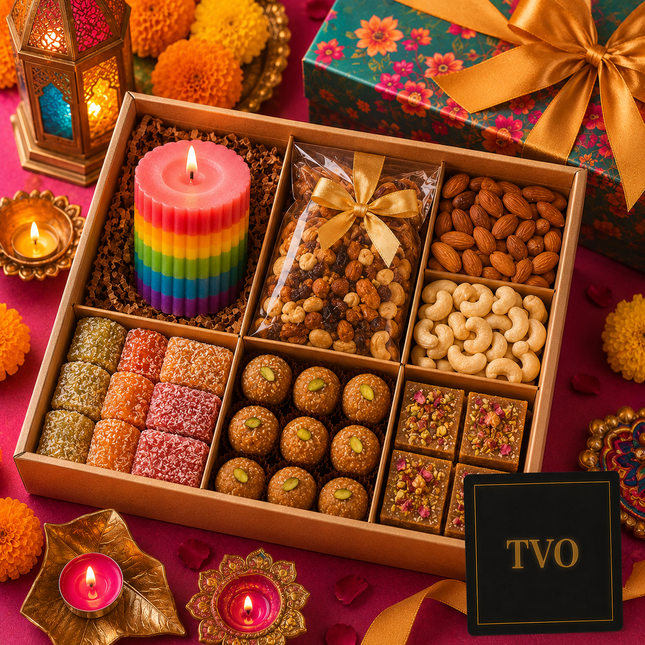 Vibrant Diwali Hamper with Rainbow Candle & Treats premium gift