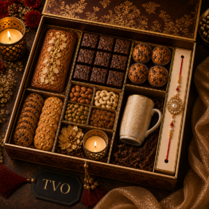 Royal Celebration Hamper – premium Raksha Bandhan gift with dry cake, cookies, dry fruits, designer rakhi, candle and mug